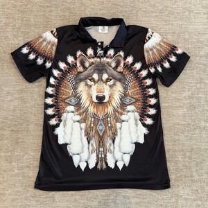 ProudVet365 Veteran Polo Shirt‎ Native American Wolf Print Short Sleeve Size M